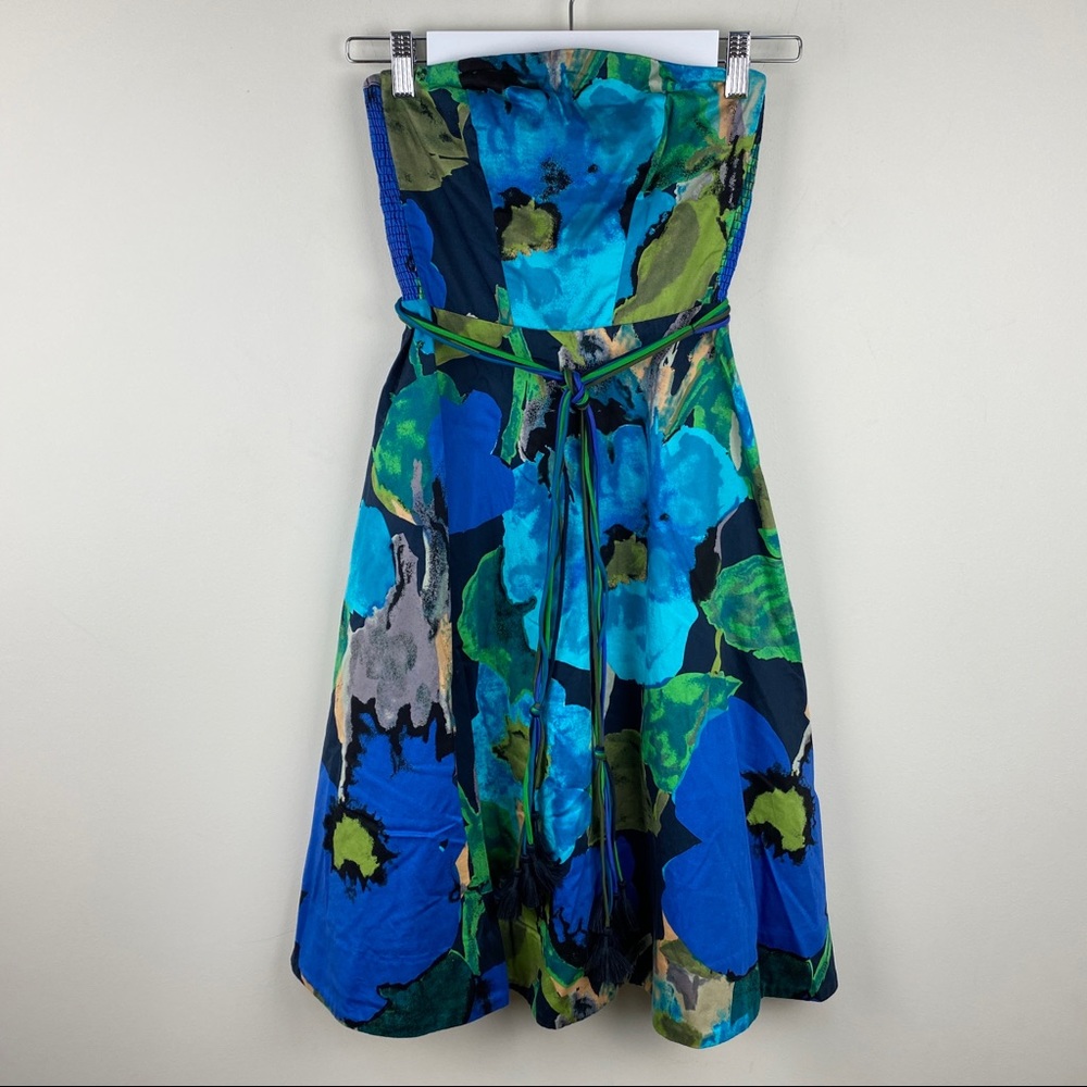 Anthropologie Vanessa Virginia Strapless Dress Blue Green Floral US Size 2